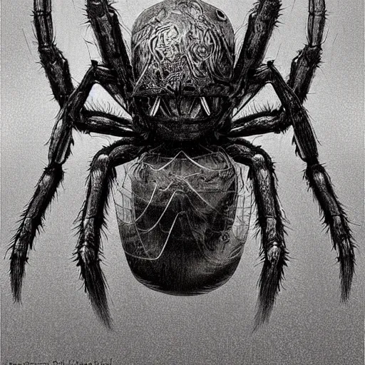 Prompt: spider wearing a viking helmet, by h r giger