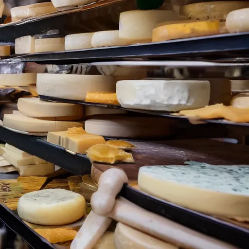 Prompt: a silly 4k photograph of a fox looking at a shelf of cheese