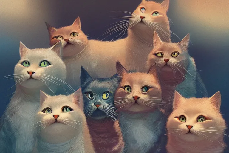 Image similar to beautiful art illustration of a group of happy cats by beeple, highly detailed