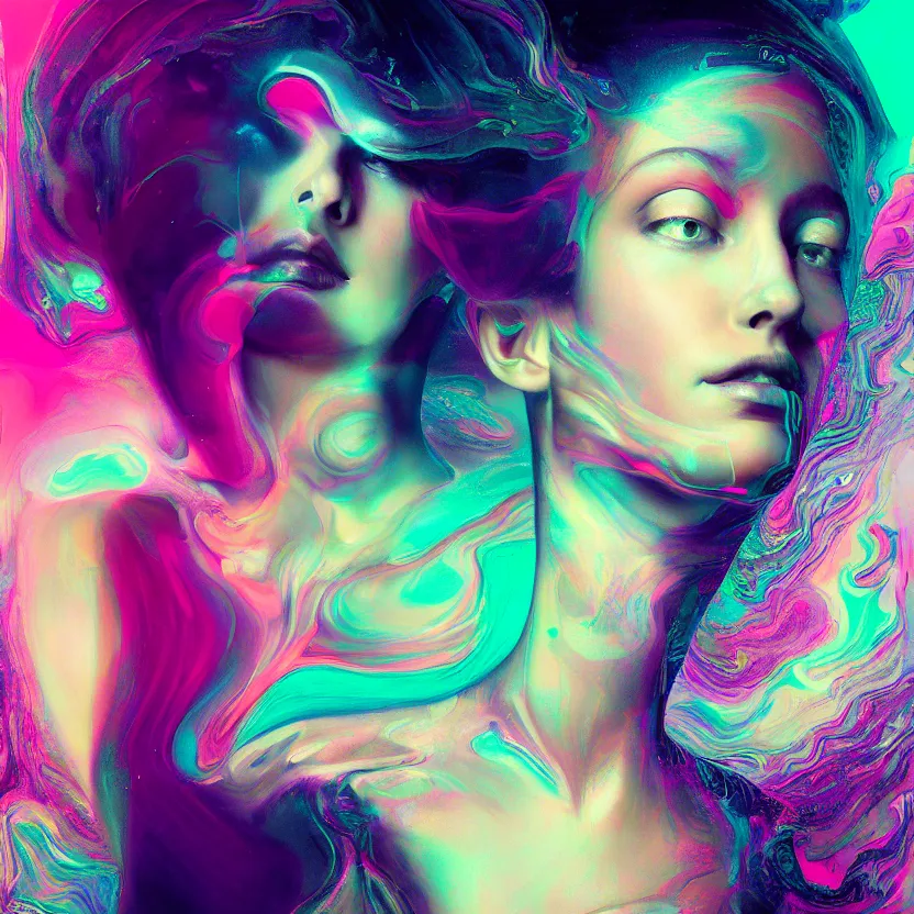 Image similar to a digital portrait painting of a woman, surrounded by synthesized ai djinn hologram, an ultrafine detailed painting by alberto seveso, a silk screen by julian schnabel, featured on deviantart, modern european ink painting, photoillustration, impressionism, biomorphic, behance hd, lovecraftian