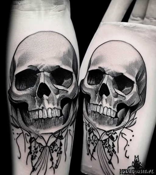 Image similar to a beautiful tattoo design with a creative skull, hyper realistic, black and white, realism, highly detailed