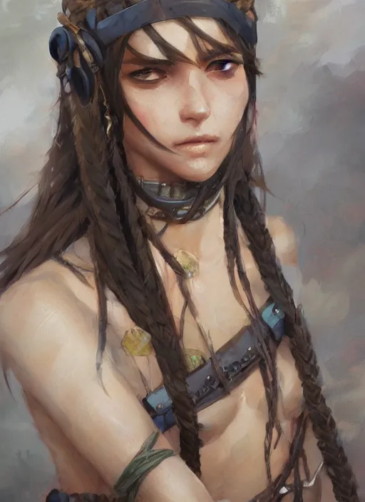 Prompt: portrait of desert warrior by krenz cushart, detailed face, close - up, fantasy, oil painting, featured on pixiv, highly detailed, elegant, sharp focus