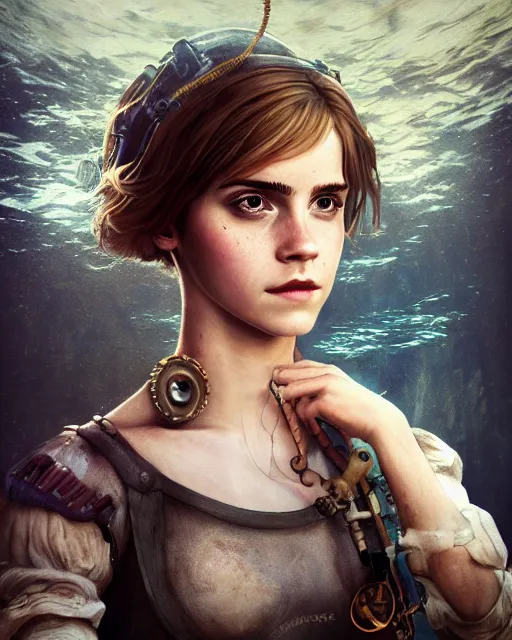 Image similar to underwater steampunk biopunk portrait of emma watson, au naturel, hyper detailed, digital art, trending in artstation, cinematic lighting, studio quality, smooth render, unreal engine 5 rendered, octane rendered, art style by klimt and nixeu and ian sprigger and wlop and krenz cushart.