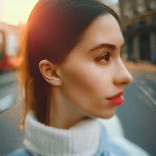 Prompt: analog head and shoulders frontal face portrait photography of a beautiful woman in london. zeiss 3 5 mm lens. kodak portra 8 0 0 film photography. pastel lighting. popular on instagram. depth of field. heavy film grain. realistic. detailed. hq. filmic. dreamy. lens flare. in - focus