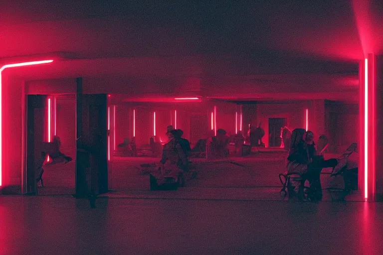 Prompt: a dark conference hall, half - occupied with people, atmospheric and obscure, red neon light, by roger deakins, cinematography, syd mead