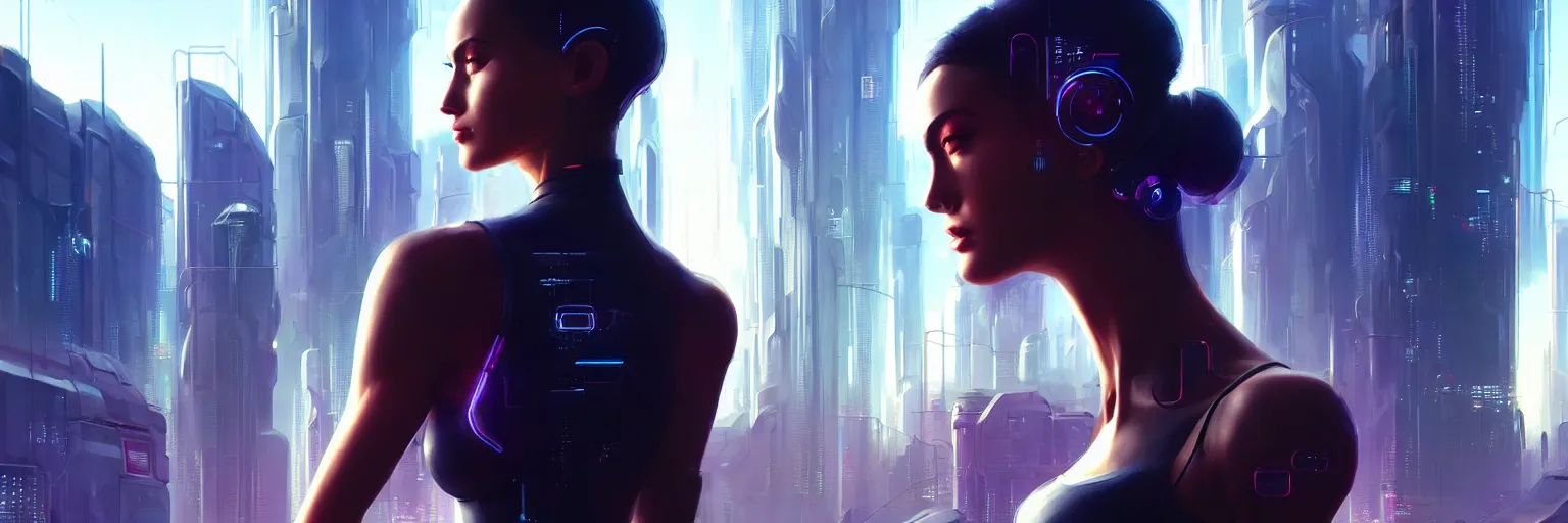 Image similar to focus on a lone female humanoid, half body cropping, outfocus background of a futuristic cyberpunk cityscape, elegant profile pose, perfect anatomy, bokeh, hyper photorealistic, crispy quality, digital photography, art by pascal blanche, art by artgerm, art by greg rutkowski,