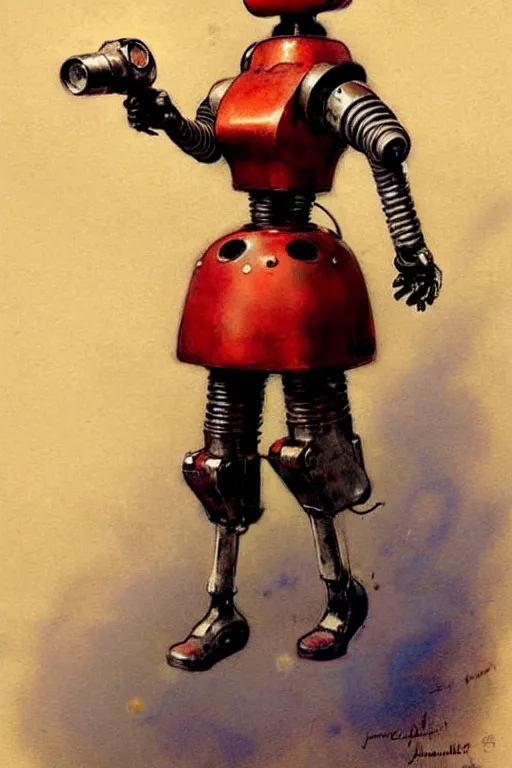 Image similar to adventurer ( ( ( ( ( 1 9 5 0 s retro future robot android robot maid. muted colors. ) ) ) ) ) by jean baptiste monge!!!!!!!!!!!!!!!!!!!!!!!!! chrome red