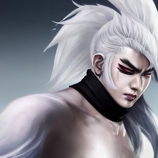 Prompt: white haired parted down the middle, black sclera white pupil, hakama wearing effeminate beautiful asian man, league of legends style, splash art, highly detailed, vray, trending on artstation