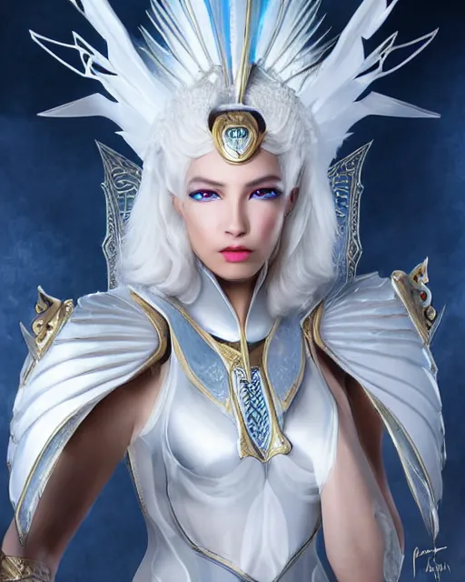 Image similar to perfect white haired egyptian queen wearing white dove wings, warframe armor, regal, attractive, ornate, sultry, beautiful, dreamy, half asian, pretty face, blue eyes, detailed, scifi platform, 4 k, ultra realistic, epic lighting, android body, illuminated, cinematic, masterpiece, art by akihito tsukushi, voidstar, artgerm