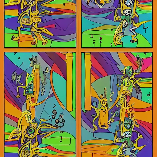 Prompt: Abstract art of chess pieces fighting a lion god in the style of Rick and Morty