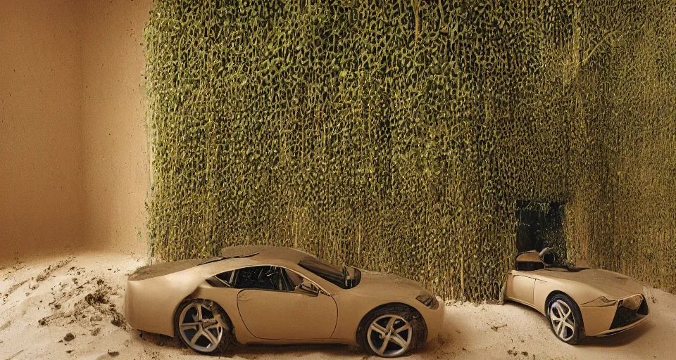 Image similar to IKEA catalogue photo, high end style car interior, sand piled in corners, dust, organic, vines, overgrown, tropical, by Beksiński