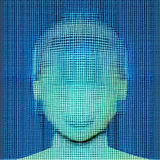 Image similar to vector icon of a young cyberpunk boy\'s head in light blue metallic iridescent material, 3d render isometric perspective on dark background