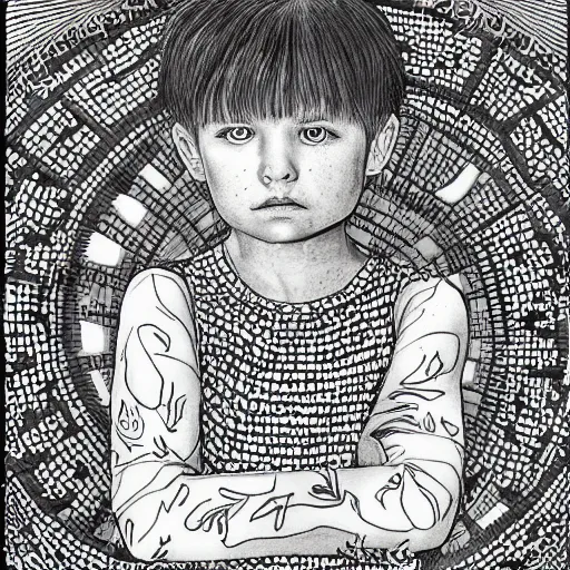 Image similar to Intricate detailed illustration, A portrait of a child who cut their own hair, 8k,