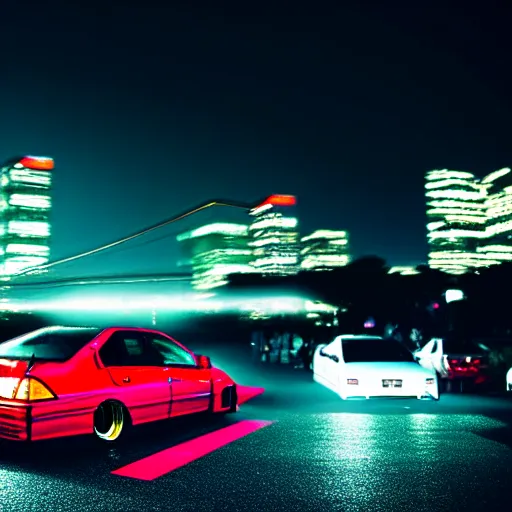 Image similar to a car JZX90 at illegal car meet, Chiba prefecture, city midnight mist lights, cinematic color, photorealistic, highly detailed, 50MM