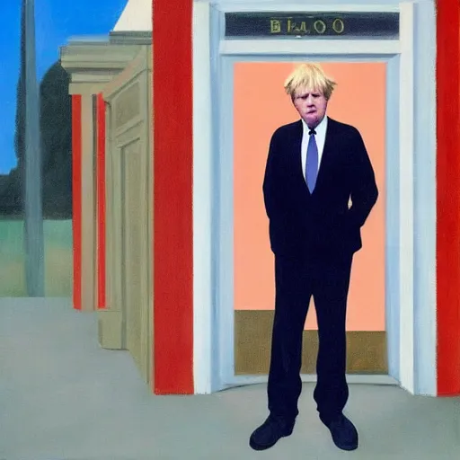 Image similar to a fine art portrait of british prime minister boris john wearing a tracksuit. in the style of edward hopper, richard hamilton and stanley kubrick.