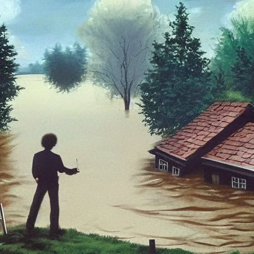 Prompt: Bob ross painting a picture of a german town being flooded