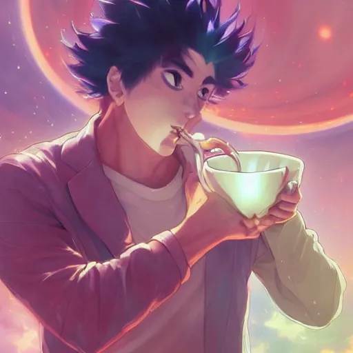 Image similar to A man drinking a cup of cosmic energy bright light, illustration, anime style, Artgerm, 4k, digital art, surreal, anime style, space dandy style, highly detailed, godsend, artstation, digital painting, concept art, smooth, sharp focus, illustration by Ruan Jia and Mandy Jurgens and William-Adolphe Bouguereau, Artgerm