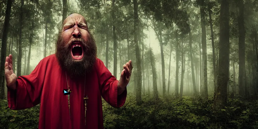 Prompt: a awardwinning wideangle colorchrome photo of a screaming old priest, long beard with 6 eyes, praying. in a forest surrounded by huge mushrooms, beautiful cinematic atmospheric lightning, style Steve McCurry, octane 8k render