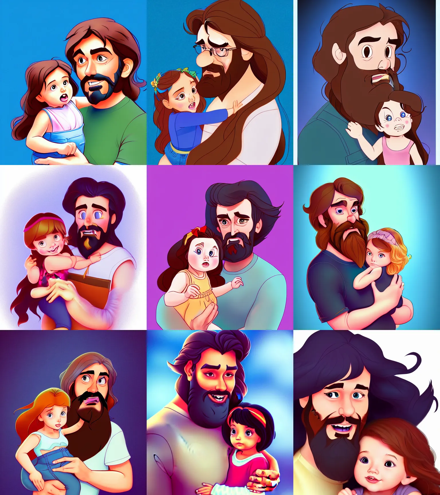 Image similar to a long - haired bearded father and his child toddler girl full color digital illustration in the style of don bluth, artgerm, artstation trending, 4 k