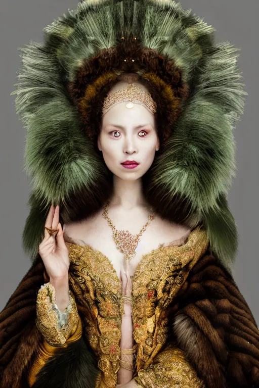 Image similar to a beautiful empress portrait, with a brilliant, impossible striking huge fur headpiece, fur clothes robes, everything fur, symmetrical, dramatic studio lighting, rococo, baroque, greens, asian, hyperrealism, closeup, D&D, fantasy, intricate, elegant, highly detailed, digital painting, artstation, octane render, 8k, concept art, matte, sharp focus, illustration, art by Artgerm and Greg Rutkowski and Alphonse Mucha