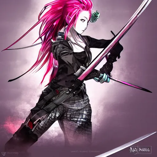 Image similar to An anime girl with pink hair, holding a katana, in samurai outfit, drawn by Yoji Shinkawa, highly detailed, trending on art station, sci-fi themed, dynamic posing