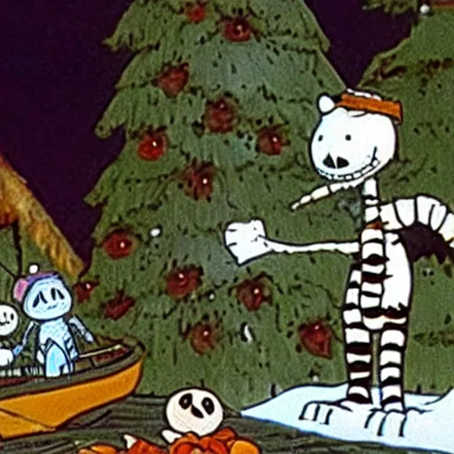 Prompt: a still of calvin and hobbes in nightmare before chrismas