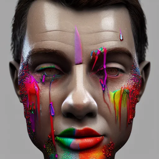 Prompt: a beautiful intricate 3D render of colorful acrylic paint dripping down the face of a humanoid by zach sutton, perfection!, studio lighting, 50mm lens, 3d render, octane render, deep depth of field, artstationHQ, 8K