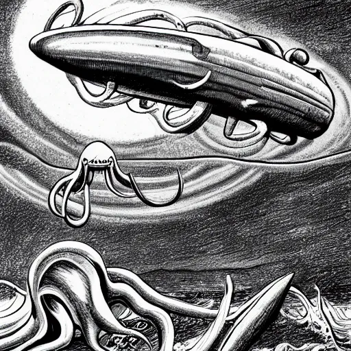 Image similar to drawing of a giant squid attacking a spaceship above an alien landscape, vintage sci-fi, nineteen seventies, pulp style, highly detailed, by Roland Topor