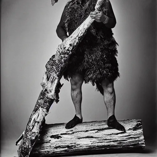 Image similar to a feathered man holding a log, large format film photo by richard avedon