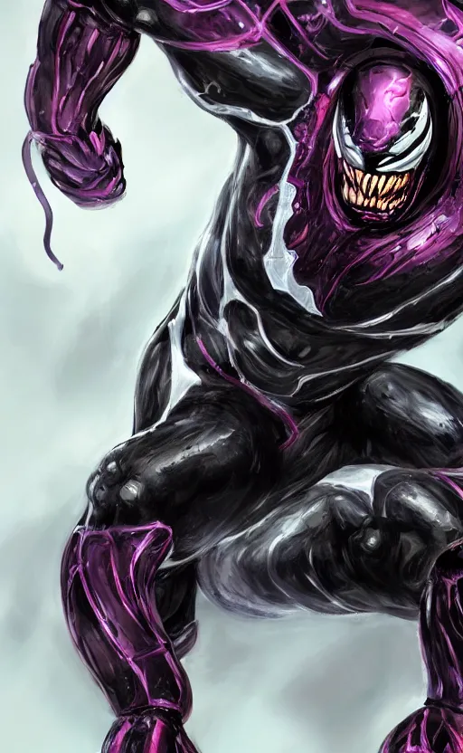 Image similar to venom in a venom inspired ironman suit, purple, black and red, dynamic lighting, photorealistic fantasy concept art, trending on art station, stunning visuals, terrifying, creative, cinematic