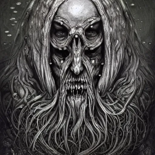 Prompt: viking north druid lich mermaid king wise old man god of death witch pagan face portrait, underwater, covered in runes, crown made of bones, necromancer, zdzisław beksinski, mikhail vrubel, hr giger, gustav klimt, symmetry, mystical occult symbol in real life, high detail