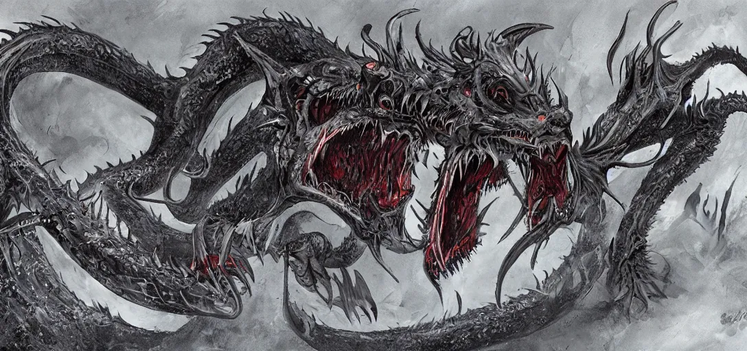 Image similar to concept art of dragon attack, lovecraftian, lots of teeth, melting horror, feathers, fighting the horrors of the unknown with laser guns