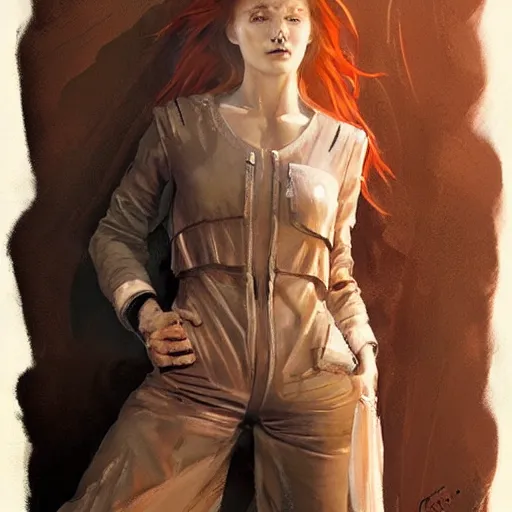 Prompt: a rustic woman wearing futuristic jumpsuit, detailed face, redhead, by greg rutkowski, mandy jurgens