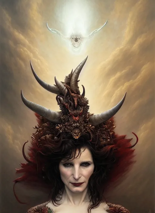 Image similar to julette binoche as an devil, aesthetic, fine art, intricate, elegant, highly detailed, realistic hair, centered, digital painting, art station, conceptual art, soft, sharp focus, illustration, artwork, artgerm, tomasz alen kopera, peter mohrbacher, donato giancola, wlop, boris vallejo