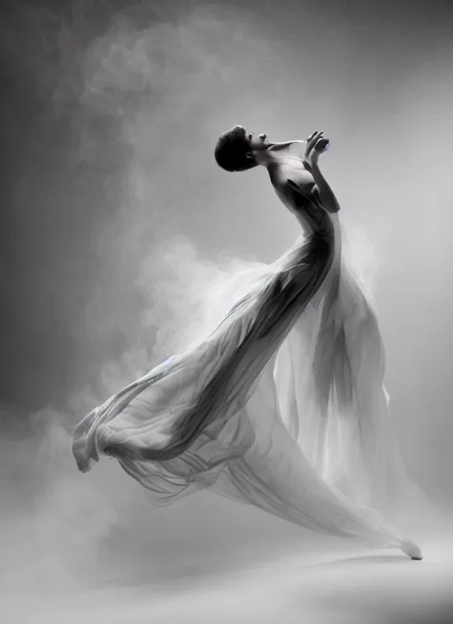 Image similar to a Photorealistic dramatic hyperrealistic render of a glamorous beautiful Female smoke dancer by Ken Brower and Deborah Ory of NYC Dance project,Lois Greenfield,Flowing cloth and smoke,Beautiful dynamic dramatic dark moody lighting,volumetric,shadows,cinematic atmosphere,Octane render,8K