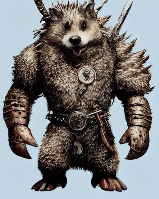 Image similar to anthropomorphic rugged hedgehog!!! with furry!! oversized barbarian muscular armored upper body, action battle pose,long hair, 👅 👅 , D&D, fantasy, intricate, elegant, highly detailed, digital painting, artstation, concept art, smooth, sharp focus, illustration, art by artgerm and beeple and greg rutkowski and alphonse mucha