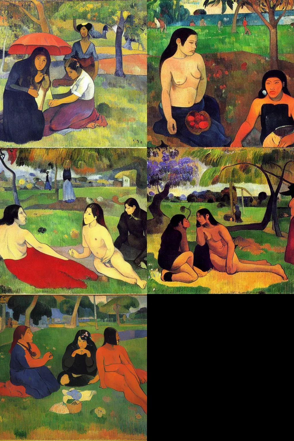Prompt: an hd painting by paul gauguin. three goths loitering in the shade, talking beneath a cherry tree outside a blockbuster video store.