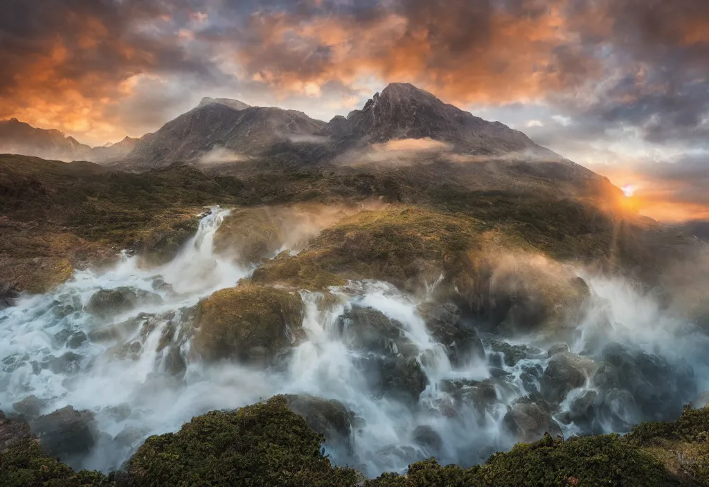 Prompt: photo of epic mountain landscape, waterfall, sunset, cinematic, cinematic, art by michael shainblum, low clouds
