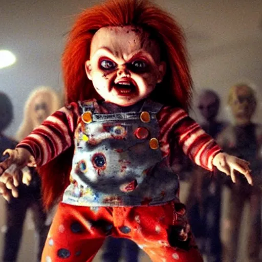 Image similar to Chucky the killer doll from the movie Child's Play surrounded by zombies in a still from the movie Dawn of the Dead 8k hdr