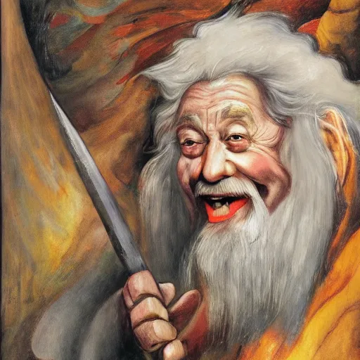 Prompt: a deliriously happy King Gandalf, portrait oil painting by Otto Dix, oil on canvas (1921)