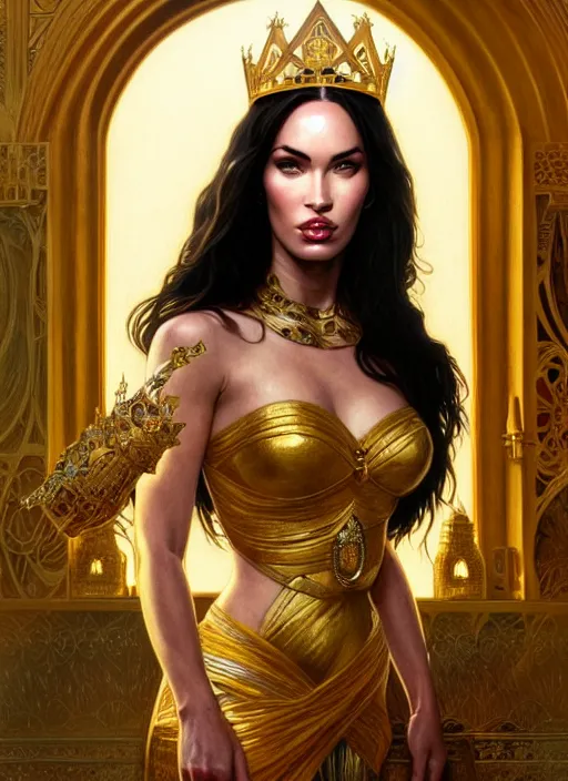 Image similar to portrait of megan fox as a queen, throne, jewelry, greek, yellow, intricate, headshot, highly detailed, digital painting, artstation, concept art, sharp focus, cinematic lighting, illustration, art by artgerm and greg rutkowski, alphonse mucha, cgsociety