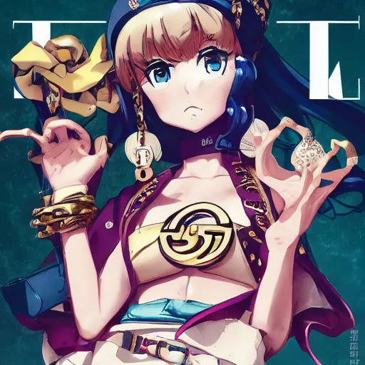 Image similar to Magazine Cover Anime key visual of a Gucci girl; official media; typography; drawn by Hirohiko Araki; Jojo's Bizarre Adventure; Jojolion, portrait, made by Stanley Artgerm Lau, WLOP, Rossdraws, James Jean, Andrei Riabovitchev, Marc Simonetti, Yoshitaka Amano, ArtStation