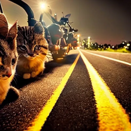 Image similar to cats on Harley Davidsons on the highway, cinematic masterpiece, beautiful lighting