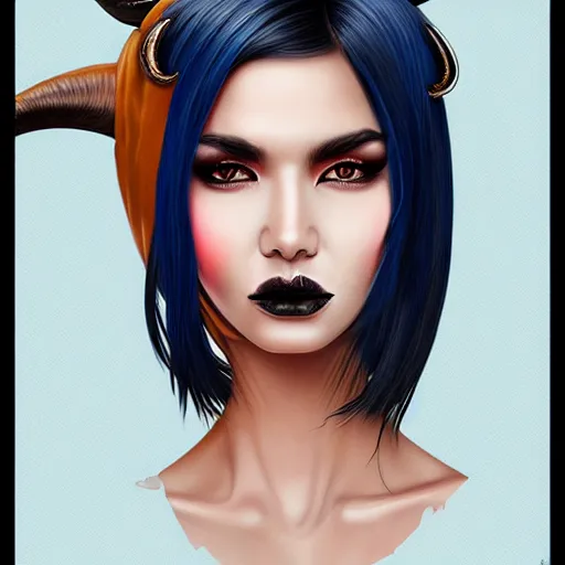 Image similar to illustrated realistic portrait of ram-horned devil woman with blue bob hairstyle and her tan colored skin and with solid black eyes wearing leather by rossdraws