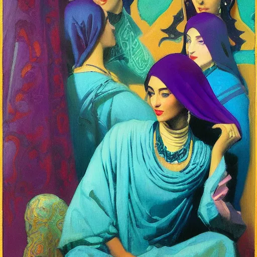 Image similar to a detailed oil painting of a harem with arabic patterns, turquoise and purple fire, by nicholas roerich, by frank frazetta by georgia o keeffe by frederick william elwell, by hans emmenegger, by bruce pennington, by eyvind earle highly detailed, realistic, outline, line work, oriental,