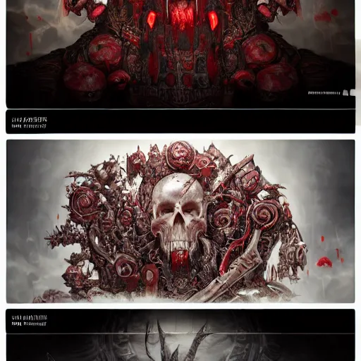 Image similar to blood for the blood god skulls for the skull throne, au naturel, hyper detailed, digital art, trending in artstation, cinematic lighting, studio quality, smooth render, unreal engine 5 rendered, octane rendered, art style by klimt and nixeu and ian sprigger and wlop and krenz cushart