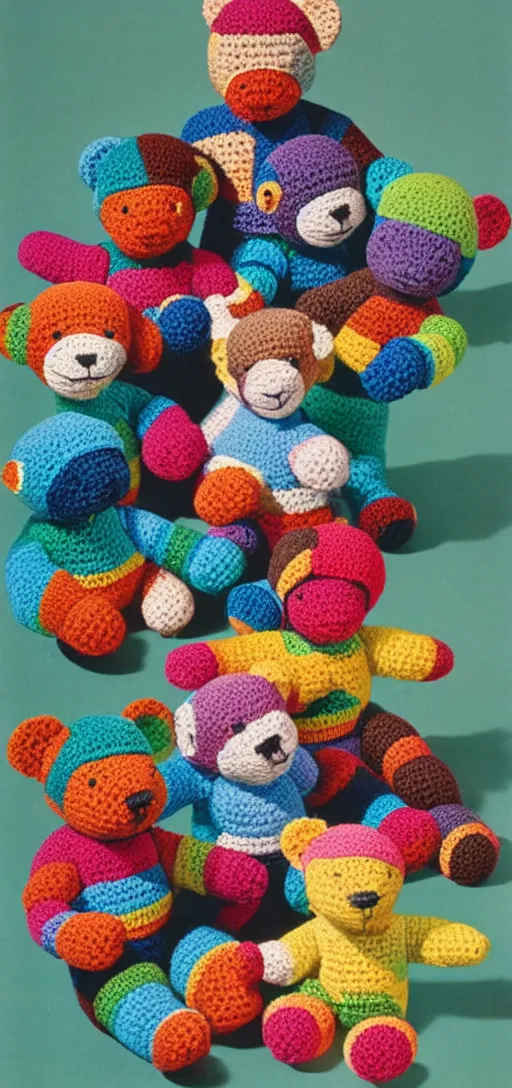 Prompt: multicolored crocheted teddy bears, 1 9 8 0 s catalogue photography