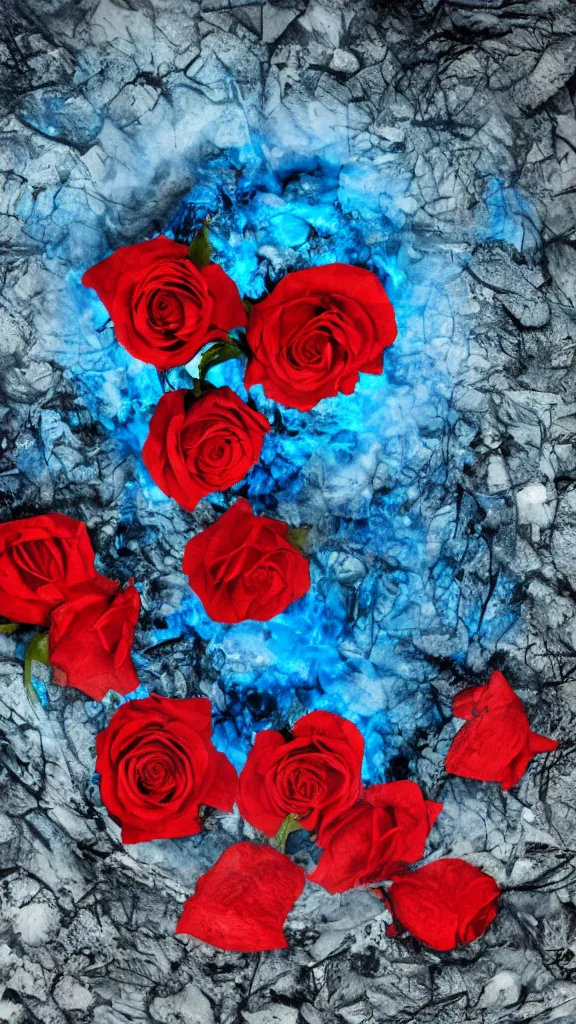 Prompt: dark hell style, with a blue and red rose, petals with realistic first view, next to a fire slurry. dark ultra wide angle night view.