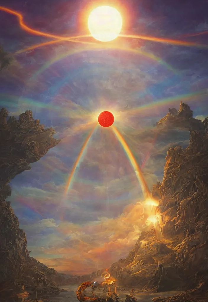 Prompt: tarot card of a giant glowing sun behind a large steel hanging sword in front of a rainbow, caught between two red and blue thick intertwined snakes, night sky containes 1 3 bright stars, the ground covered in crystal growths of various sizes, tarot card, dynamic lighting, hyper detailed, art by christophe vacher, 8 k