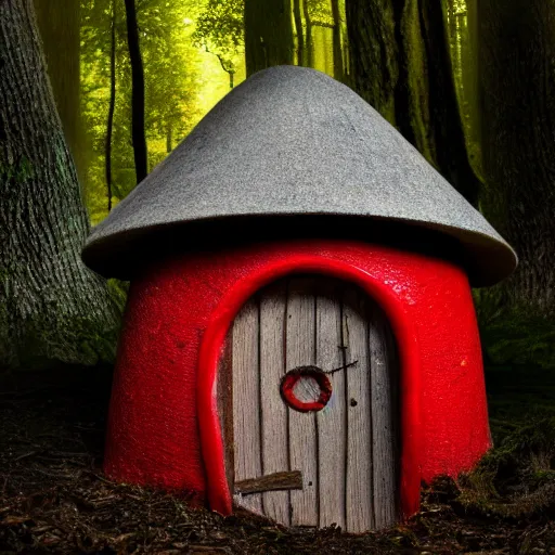 Image similar to Macro Photo of a giant glowing redcap mushroom house in a magical forest, with a door and windows